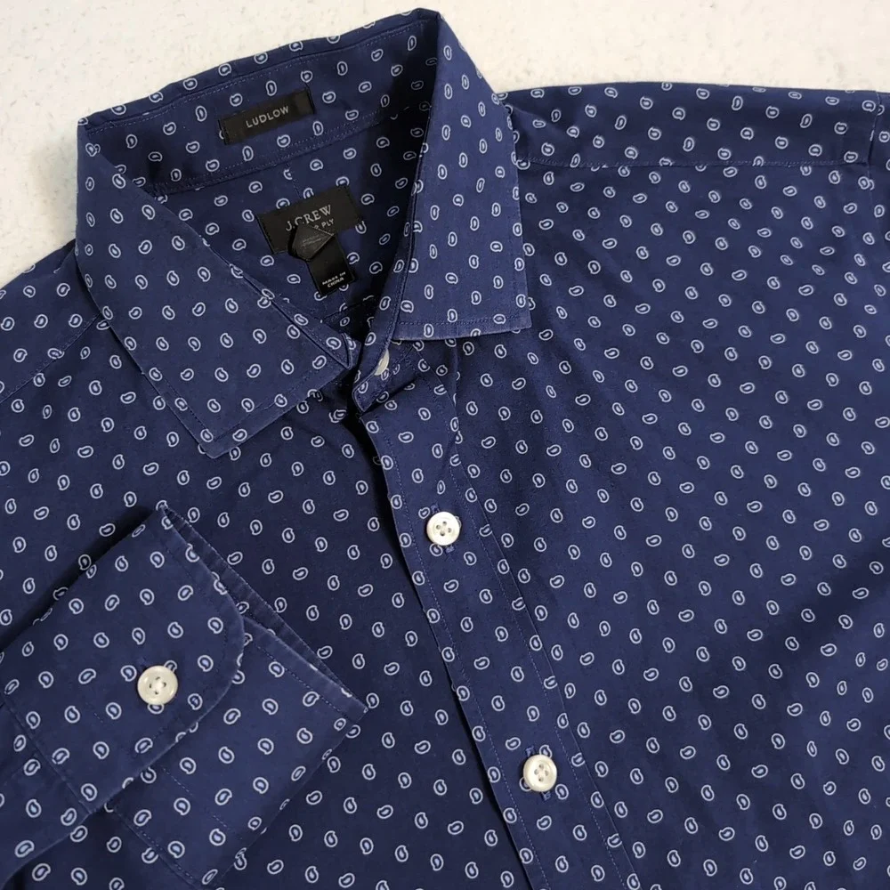 J. Crew Ludlow 120's 2‎ Ply Paisley Pattern Button Front Shirt Men's Sm L/S Navy
